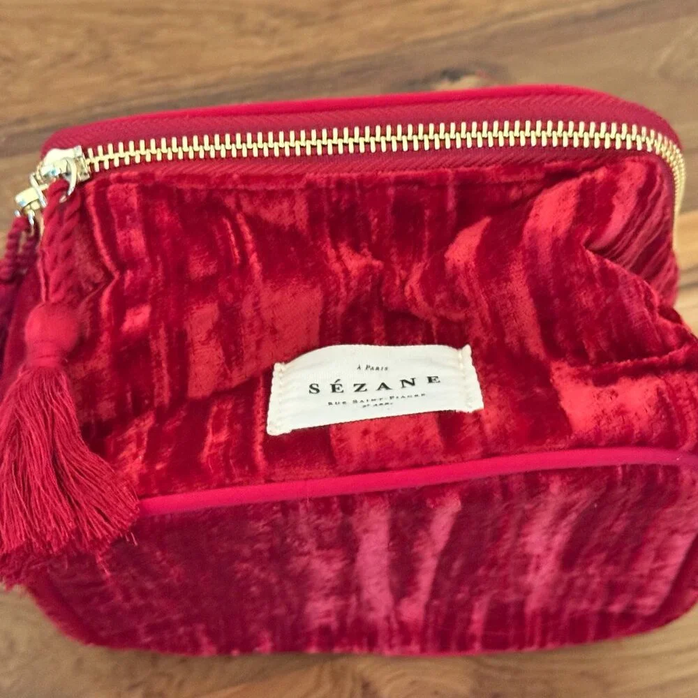 Sezane Lifestyle Crimson Velvet Vanity Case with Tassel and soft handle
